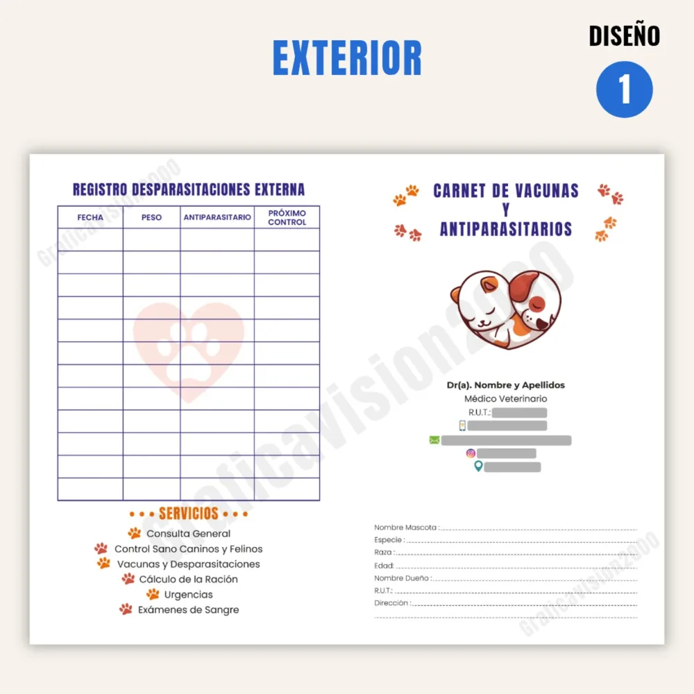 Carnet de control veterinario personalizado · Diseño 1 · Exterior