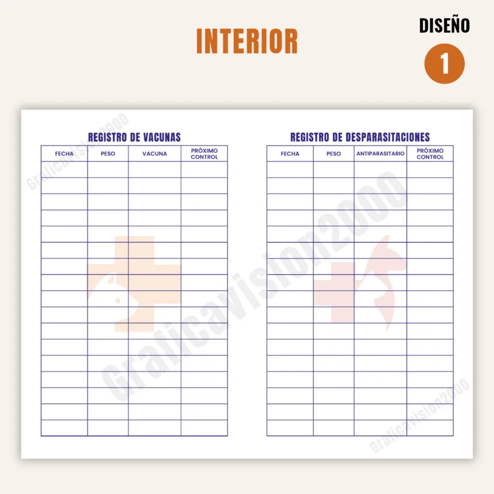Carnet de control veterinario personalizado · Diseño 1 · Interior