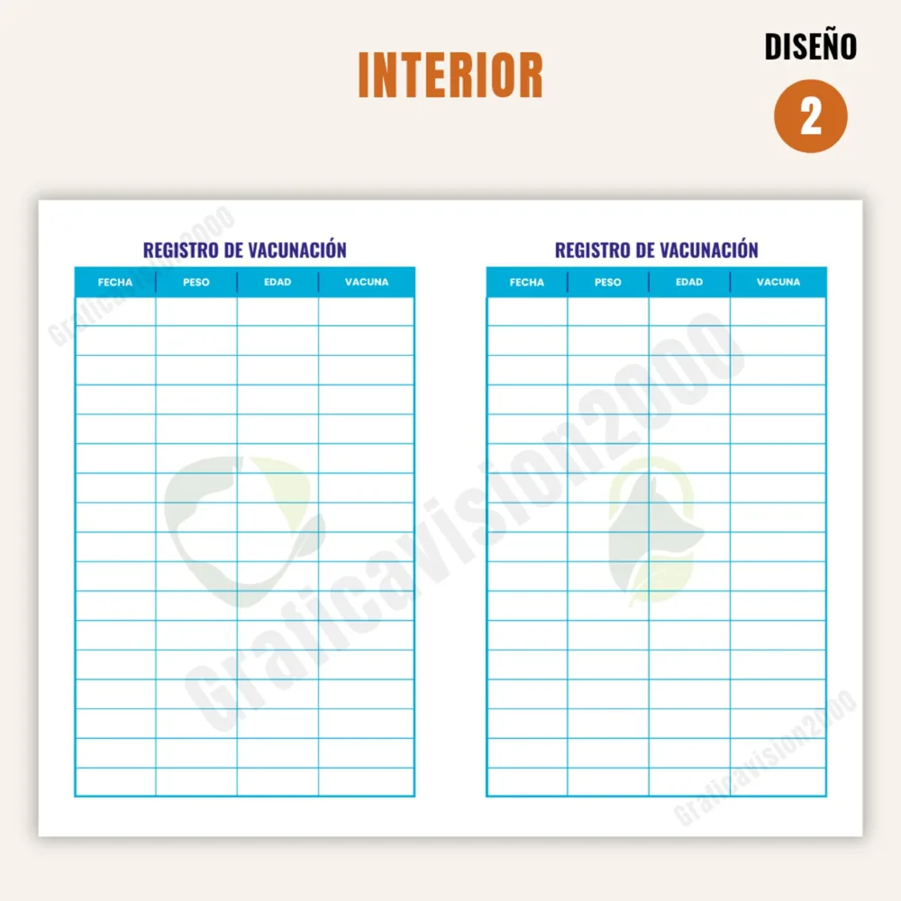 Carnet de control veterinario personalizado · Diseño 2 · Interior