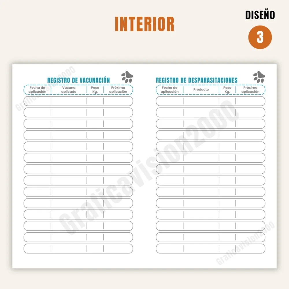 Carnet de control veterinario personalizado · Diseño 3 · Interior